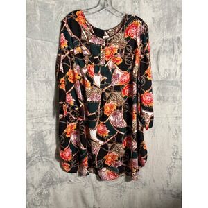 DressBarn 3X Women's Plus Boho Chain Floral Print Long Sleeve Tunic Top Shirt